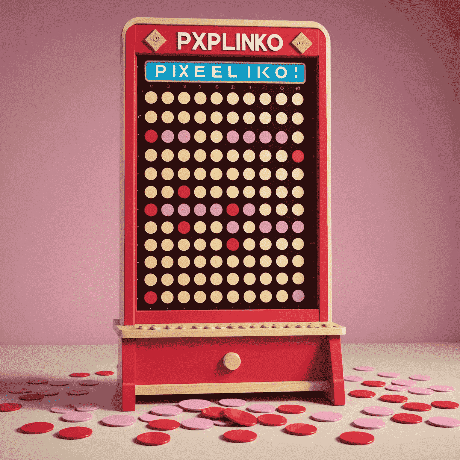 PixePlinko game screenshot showing a retro-style Plinko board with pixelated graphics, vibrant red and pink colors, and falling chips