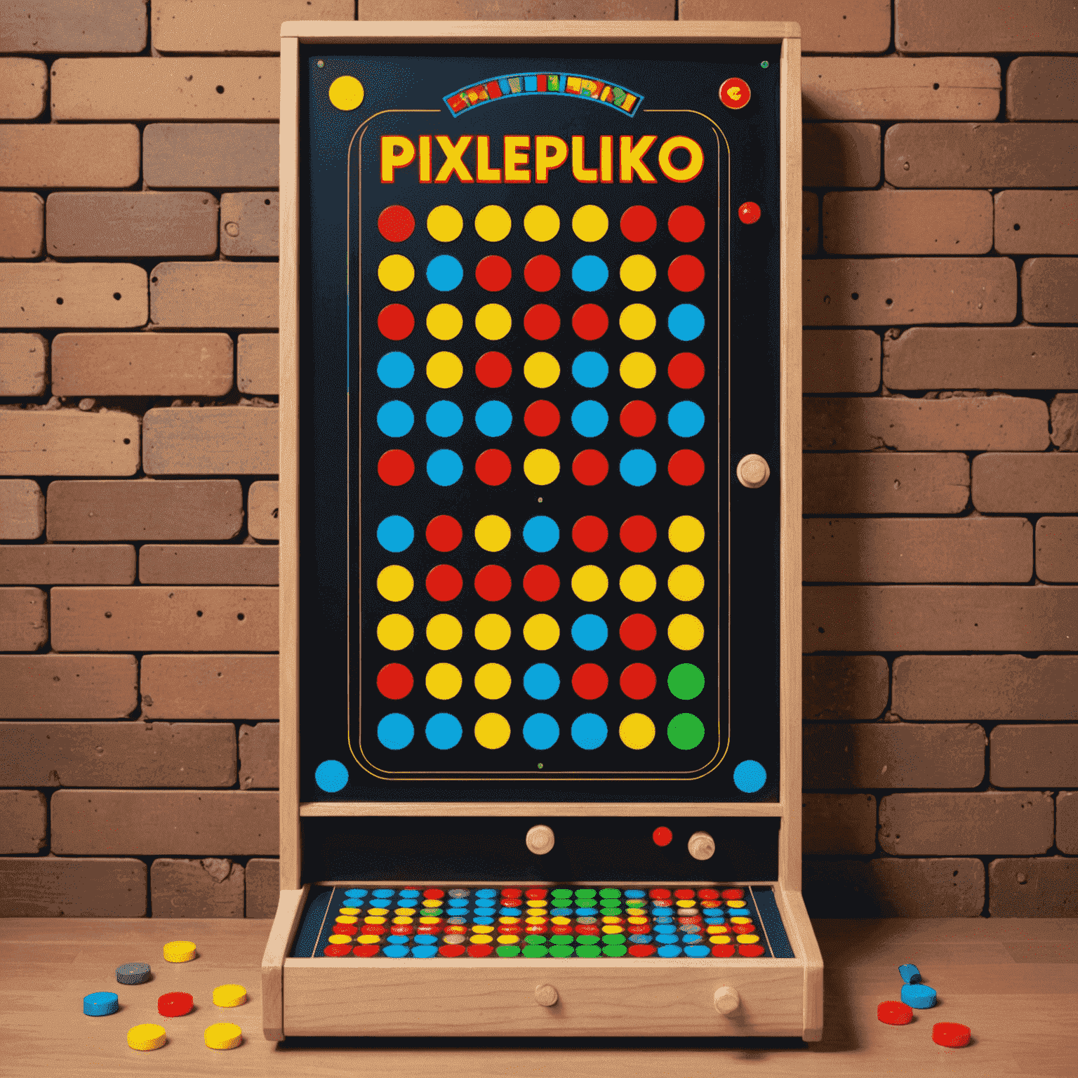 PixePlinko gameplay screenshot showing a retro-style Plinko board with pixelated graphics, colorful pegs, and a falling chip