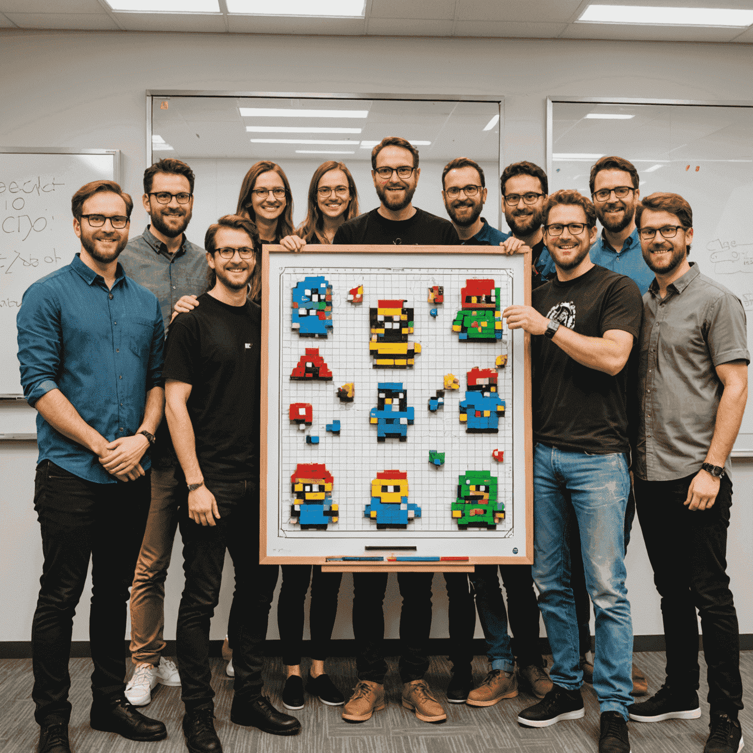 The PixePlinko development team gathered around a whiteboard filled with game design sketches and pixel art characters