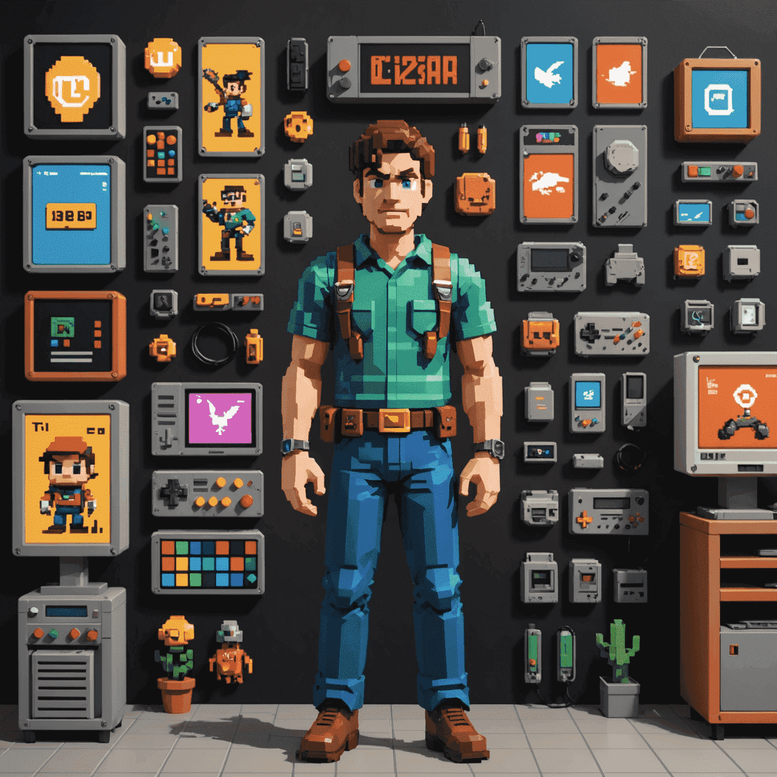 A retro-style pixelated character standing in front of a customization screen with various skins, accessories, and power-ups floating around