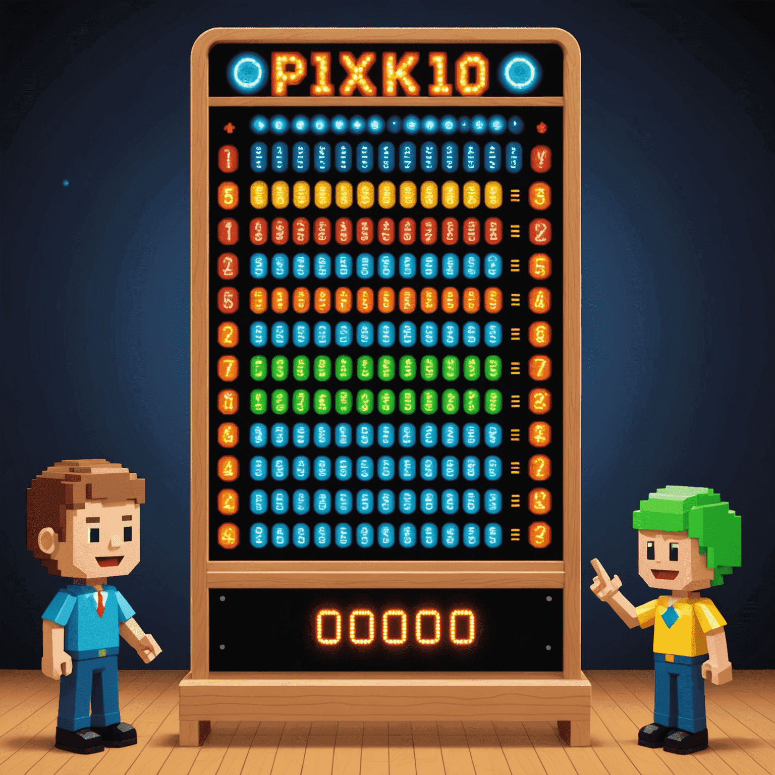 A retro-styled leaderboard showing top players' scores in PixePlinko, with pixelated avatars and flashing neon lights