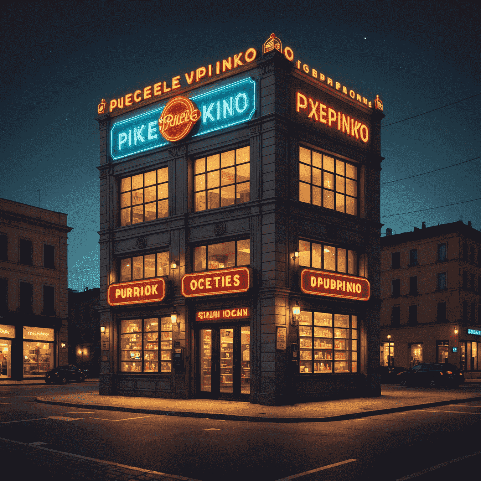 PixePlinko Italian headquarters exterior, a charming building with retro-inspired architecture and neon signage
