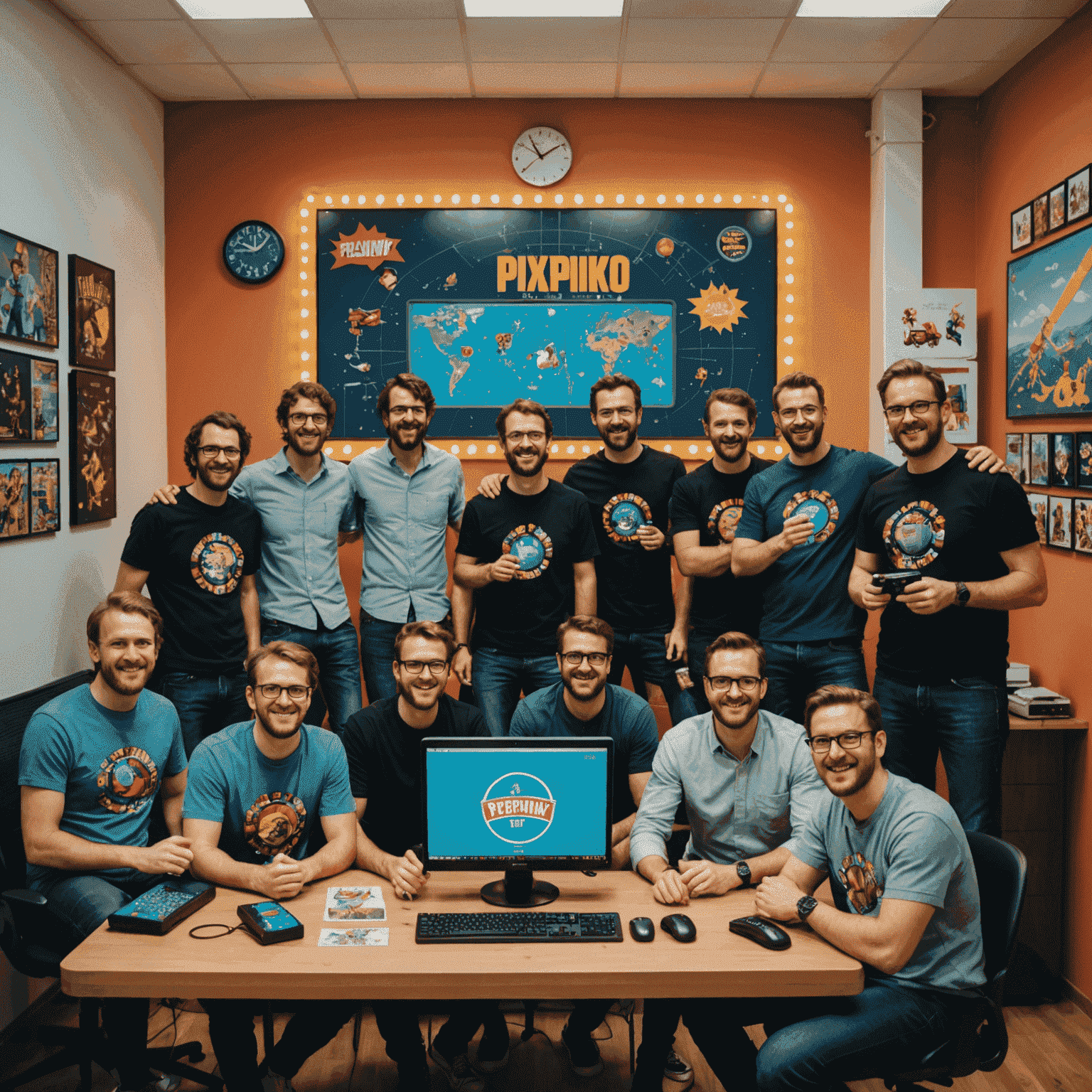 PixePlinko development team celebrating the global launch in their Italy office, surrounded by retro gaming memorabilia and computer screens showing the game