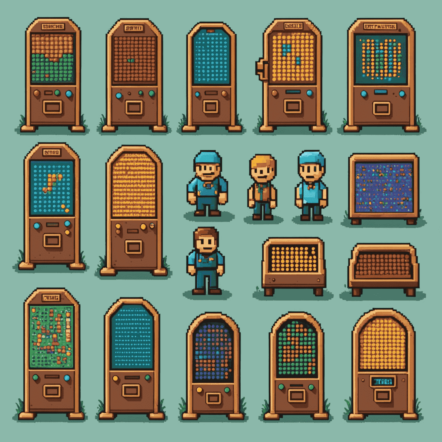 A collection of pixel art designs for PixePlinko, showing character iterations, level layouts, and color palette experiments