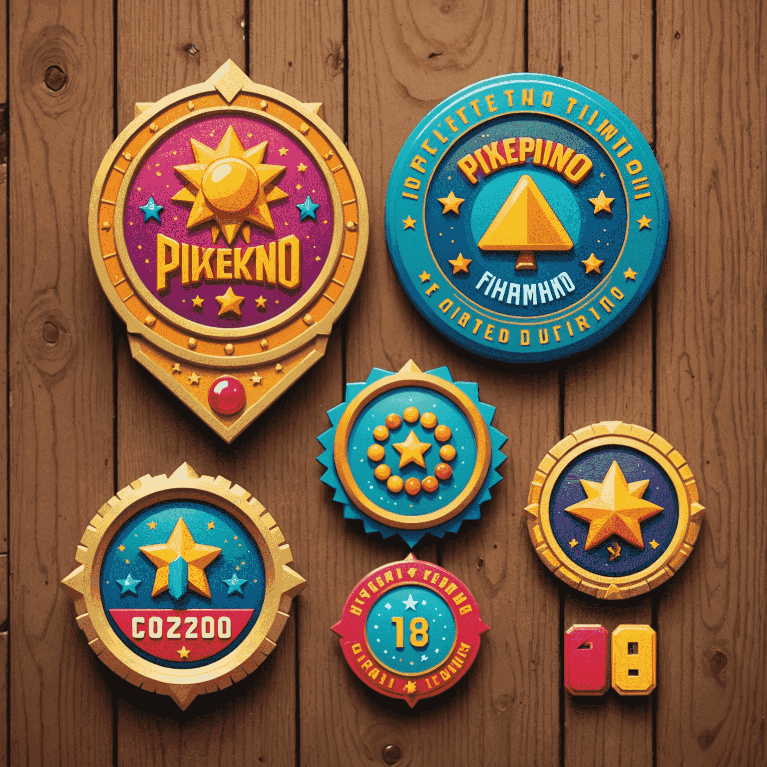A collection of retro-styled achievement badges for PixePlinko, featuring pixelated designs and vibrant colors