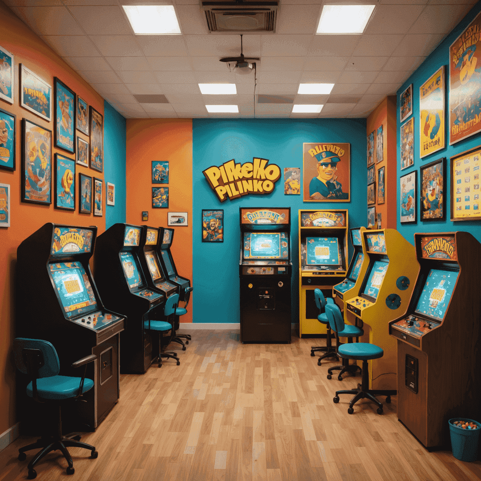 PixePlinko game developers working in a colorful office space with retro game posters and arcade machines