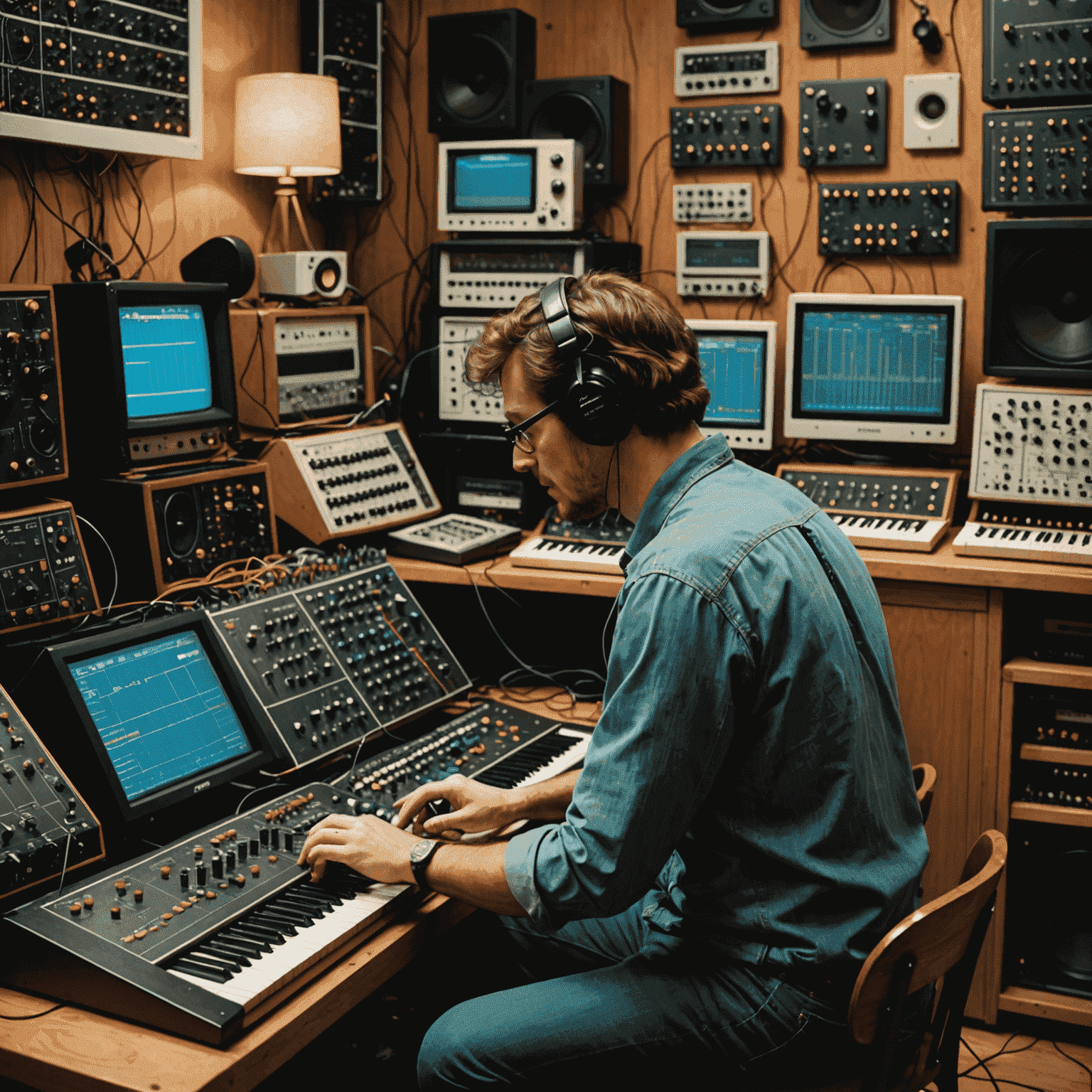 A sound engineer working on a computer, surrounded by vintage synthesizers and audio equipment, creating the chiptune soundtrack for PixePlinko